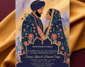 Anand Karaj Invitation Template: Sikh Wedding, Bride & Groom Illustration (Digital Download, 5x7" Canva Card)