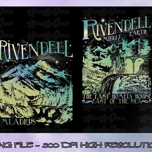 Könnte beinhalten: Zwei schwarze Grafikdesigns mit dem Wort "Rivendell" und Landschaftsillustrationen. Ein Design enthält "Imladris" und das andere "Middle Earth" und "The Last Homely House East of the Sea".