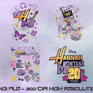 May include: Digital designs featuring Hannah Montana graphics. The designs include the Hannah Montana logo, musical notes, guitars, microphones, and the text "This is the Life" and "Best of Both Worlds". The designs are in purple, yellow, and pink.