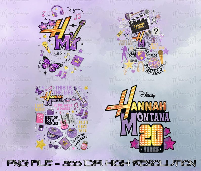 May include: Digital designs featuring Hannah Montana graphics. The designs include the Hannah Montana logo, musical notes, guitars, microphones, and the text "This is the Life" and "Best of Both Worlds". The designs are in purple, yellow, and pink.