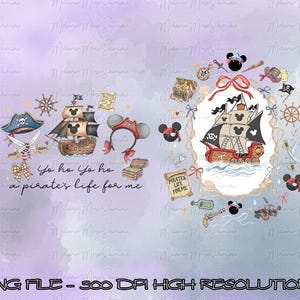 Könnte beinhalten: Digitales Design mit Piratenmotiven. Enthält ein Piratenschiff, einen Piratenhut, eine Schatzkiste und Mickey Mouse Ohren. Der Text lautet "Yo ho Yo ho a pirate's life for me" und "Pirates Life For Me".