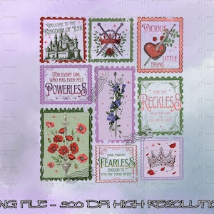 May include: A collection of nine postage stamp designs with various illustrations and text. The stamps feature images of a castle, swords, a heart pierced by a sword, flowers, and crowns. Text includes phrases like "Welcome to the Kingdom of Ilya" and "For the Reckless."