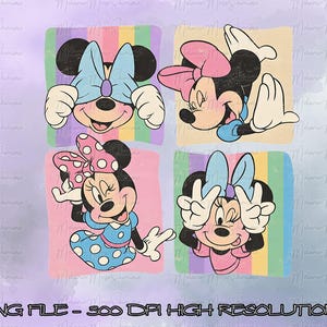 May include: Four colorful squares featuring Minnie Mouse in various poses. Each Minnie Mouse has a different colored bow and outfit. The background of each square is a pastel color with a rainbow stripe. The text "PNG FILE - 300 DPI HIGH RESOLUTION" is at the bottom.
