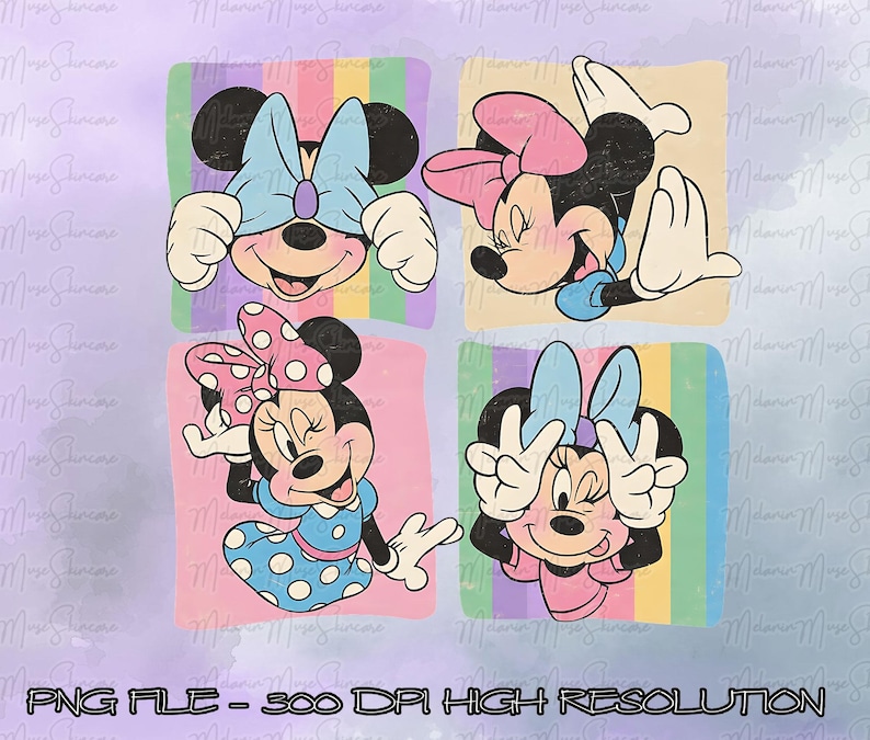 May include: Four colorful squares featuring Minnie Mouse in various poses. Each Minnie Mouse has a different colored bow and outfit. The background of each square is a pastel color with a rainbow stripe. The text "PNG FILE - 300 DPI HIGH RESOLUTION" is at the bottom.