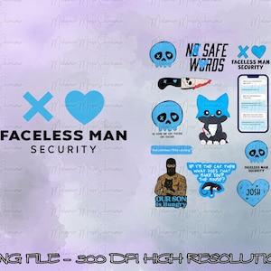 Puede incluir: Una colecci&oacute;n de pegatinas digitales sobre un fondo morado. Las pegatinas presentan calaveras, un gato, un cuchillo y texto que dice "NO SAFE WORDS", "FACELESS MAN SECURITY" y "OUR SON IS HUNGRY".