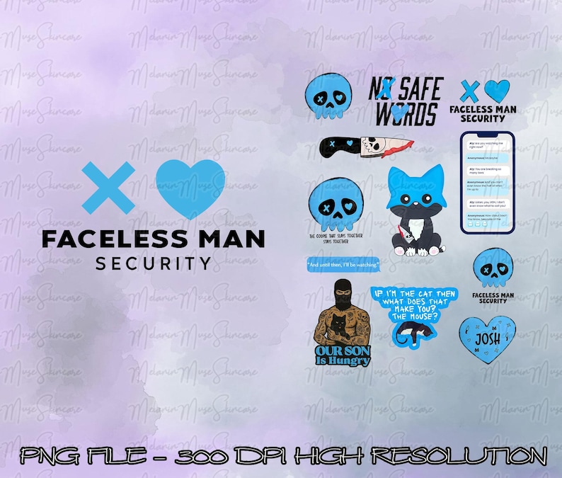 Puede incluir: Una colecci&oacute;n de pegatinas digitales sobre un fondo morado. Las pegatinas presentan calaveras, un gato, un cuchillo y texto que dice "NO SAFE WORDS", "FACELESS MAN SECURITY" y "OUR SON IS HUNGRY".