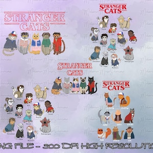Stranger Cats PNG, söt kattkaraktär Clipart för sublimering, 80-tals skräck-TV-program fangåva, digital nedladdning för T-shirt och muggar