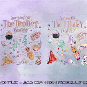 Puede incluir: Una ilustración caprichosa con varios caramelos y golosinas, incluyendo un pastel de caldero, gusanos de gelatina y una botella con forma de calabaza. El texto "Anything Off The Trolley, Dears?" se muestra encima de los dulces, con "PNG FILE - 300 DPI HIGH RESOLUTION" debajo.