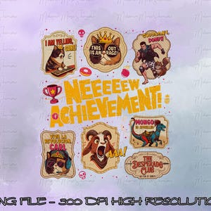 May include: A collection of cartoon-style stickers with various designs and text. The stickers feature a cat typing on a keyboard, a cat wearing sunglasses and a crown, a man with a squirrel, and a dinosaur. Text includes "NEEEEEW ACHIEVEMENT!"