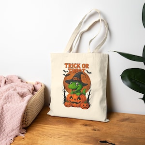 Halloween Dinosaur Trick or Treat Tote Bag: Eco-Friendly Cotton Canvas