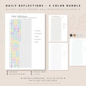 Peut inclure: Un ensemble de graphiques imprimables Daily Reflections en quatre versions de couleurs douces. Les graphiques comprennent une grille pour suivre les sentiments quotidiens, avec une échelle codée par couleur de "Mauvais" à "Incroyable". Le texte comprend "Daily Reflections".