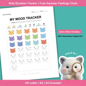 Monitor dell'umore del criceto stampabile, tabella delle emozioni per bambini, registro delle abitudini (download digitale)
