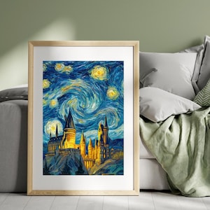 May include: A framed print of a castle under a starry night sky. The artwork features a swirling blue and yellow sky with a detailed castle in the foreground. The castle is illuminated with warm yellow light.