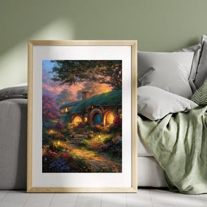 May include: A framed print of a whimsical hobbit home nestled into a hillside, with a green roof and glowing windows. The artwork features a vibrant color palette of blues, oranges, and greens, with a winding path and lush foliage.