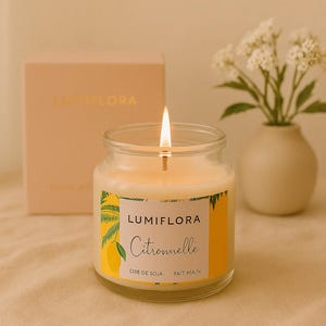 Handmade scented candle – Natural soy wax – Grasse fragrance – Lemongrass – Organic cotton wick – Recyclable glass – Handmade