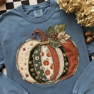 Patchwork Pumpkin PNG | Quilted Fabric Fall Sublimation Design | Autumn Floral Png