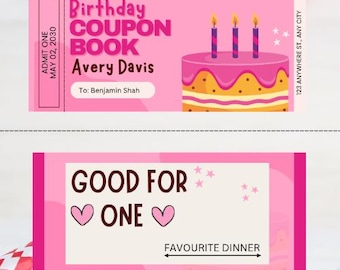 Peut inclure: Un carnet de coupons d'anniversaire rose avec le texte "Birthday COUPON BOOK Avery Davis". Le coupon présente un gâteau avec trois bougies et le texte "GOOD FOR ONE FAVOURITE DINNER".
