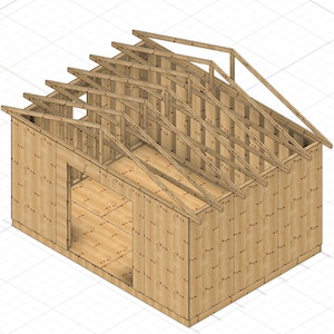 May include: Isometric illustration of a wooden building with a pitched roof. The walls and roof framework are made of light-coloured wood. The structure features an open doorway and is set against a grid background.