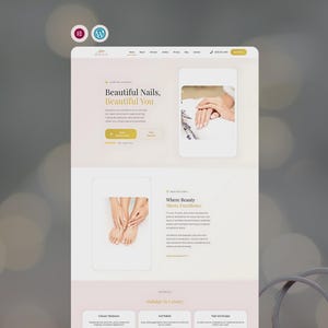 Puede incluir: Maqueta de sitio web para un salón de manicura, con el texto "Beautiful Nails, Beautiful You". El sitio muestra servicios de arte de uñas y pedicura. El diseño es limpio con una combinación de colores rosa claro y blanco.