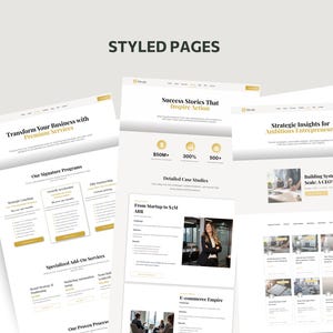 Pu&ograve; includere: Una raccolta di design di pagine web con un'estetica pulita e moderna. Le pagine presentano uno sfondo bianco con accenti e testo dorati, mostrando contenuti relativi a servizi aziendali e storie di successo. La frase "STYLED PAGES" &egrave; in alto.