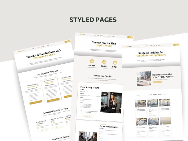 Pu&ograve; includere: Una raccolta di design di pagine web con un'estetica pulita e moderna. Le pagine presentano uno sfondo bianco con accenti e testo dorati, mostrando contenuti relativi a servizi aziendali e storie di successo. La frase "STYLED PAGES" &egrave; in alto.