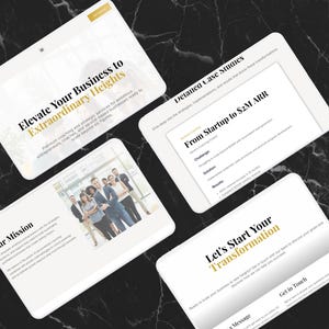 Pu&ograve; includere: Una collezione di schermi digitali che mostrano servizi di coaching e strategia aziendale. Gli schermi presentano testi come "Elevate Your Business to Extraordinary Heights", "Our Mission" e "Let's Start Your Transformation". Lo sfondo &egrave; scuro, effetto marmo.