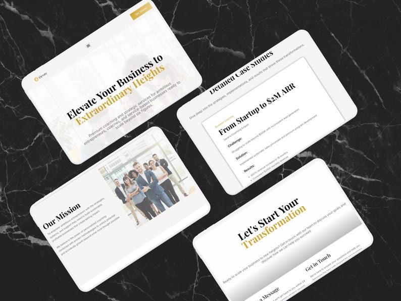 Pu&ograve; includere: Una collezione di schermi digitali che mostrano servizi di coaching e strategia aziendale. Gli schermi presentano testi come "Elevate Your Business to Extraordinary Heights", "Our Mission" e "Let's Start Your Transformation". Lo sfondo &egrave; scuro, effetto marmo.