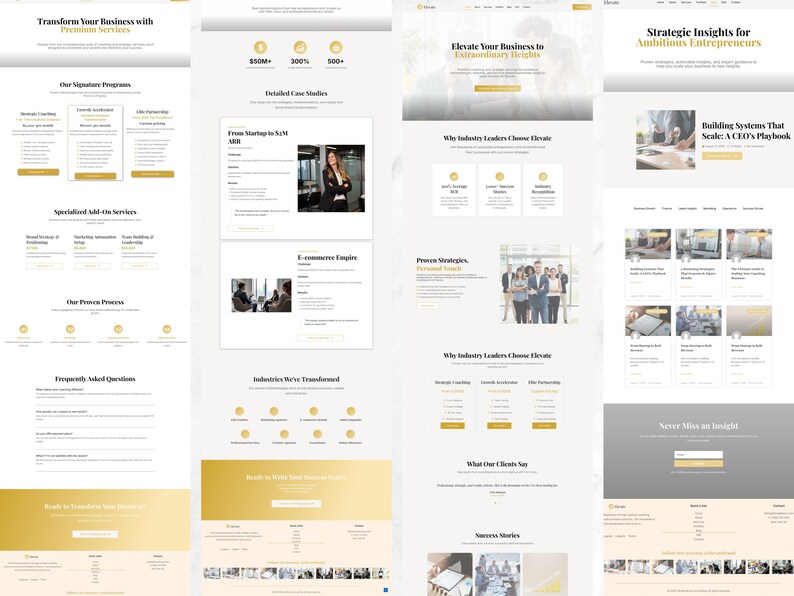 Pu&ograve; includere: Design del sito web con sfondo beige chiaro e accenti dorati. Il sito presenta sezioni con testo e immagini, tra cui "Trasforma la tua attivit&agrave;", "Eleva la tua attivit&agrave;" e "Approfondimenti strategici". Il design include una call to action e l'iscrizione alla newsletter.