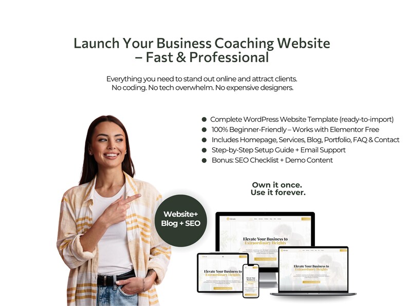Pu&ograve; includere: Una donna indica una grafica di design di un sito web. L'immagine include un laptop, un tablet e un telefono che mostrano un'interfaccia del sito web. Il testo recita "Launch Your Business Coaching Website - Fast & Professional."