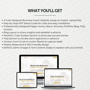 Pu&ograve; includere: Grafica di marketing digitale con il testo "COSA OTTERRAI" e un elenco di funzionalit&agrave; per un sito Web di business coach. L'immagine mostra un laptop, un computer desktop e un tablet che visualizzano il design del sito Web. Il design del sito Web include il testo "Eleva la tua attivit&agrave; a vette straordinarie".