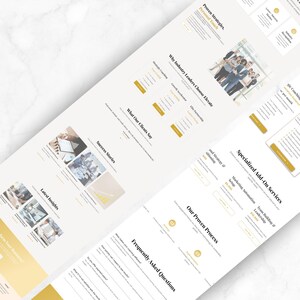 Pu&ograve; includere: Un design di sito web di marketing digitale con una combinazione di colori bianco e oro. Il layout del sito web include sezioni per le strategie di processo, le testimonianze dei clienti e i servizi aggiuntivi. Il testo include la parola "Elevate".