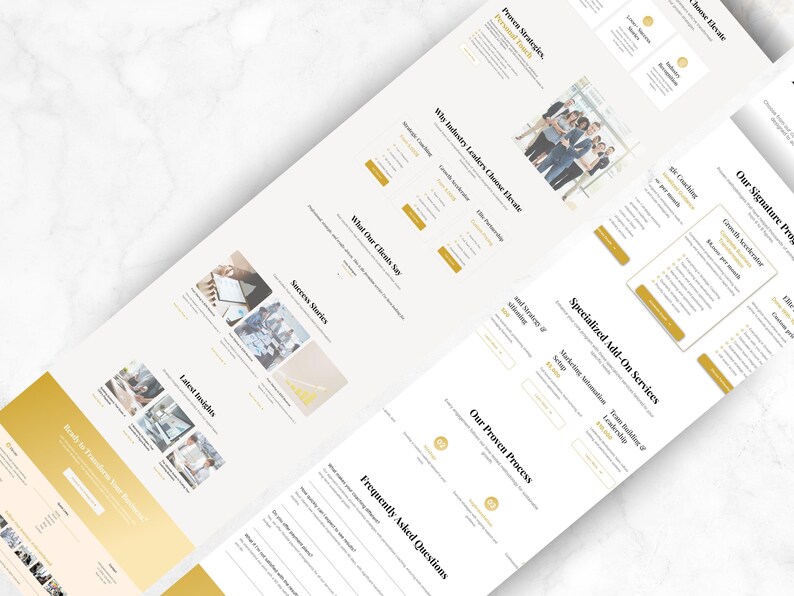 Pu&ograve; includere: Un design di sito web di marketing digitale con una combinazione di colori bianco e oro. Il layout del sito web include sezioni per le strategie di processo, le testimonianze dei clienti e i servizi aggiuntivi. Il testo include la parola "Elevate".