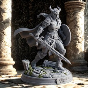 May include: A gray warrior figurine with a horned helmet, cape, and sword, standing on a round base. The statue is in a detailed, dynamic pose, holding a shield. The base has text that reads "Warrior Princess". The background includes stone columns and a window.