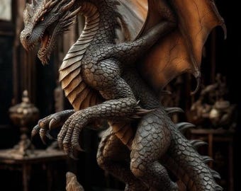 May include: A detailed sculpture of a dragon with textured, gray scales, large wings, and sharp claws. The dragon is posed on a rocky base, with its head turned, revealing its open mouth and sharp teeth. The wings have a brown hue.