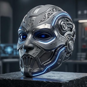 May include: A futuristic, metallic mask with intricate detailing and glowing blue accents. The mask features a human-like face with a prominent nose and glowing blue eyes. The design suggests a sci-fi or cyberpunk theme.