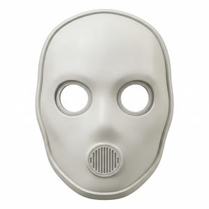以下が含まれることがあります： 大きな目の開口部と円形のフィルターが付いた、明るい灰色のフルフェイスマスク。マスクは滑らかで丸みを帯びたデザインで、プラスチックまたは同様の素材で作られている可能性があります。マスクは左右対称で、コスチュームまたは小道具のようです。