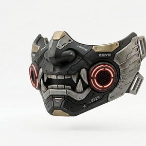 May include: A black and metallic grey half-face mask featuring a stylised samurai-inspired design with prominent fangs, a nose guard, and circular side vents illuminated by red rings. The mask includes gold-toned accents and the text X27.