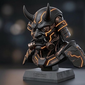 May include: A black and bronze Cyber-Oni bust with glowing orange accents. The bust features a detailed oni mask with horns, a respirator, and armor. The bust is mounted on a gray rectangular base with the text "CYBER-ONI 01".