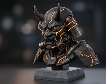 Cyber Oni Bust 01 - Futuristic Samurai Demon 3D Printable STL Model