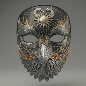 May include: A detailed, ornate mask with a bird-like design. The mask features a dark gray base with silver and gold accents. The top has a sun and star design. The beak area has orange gems.
