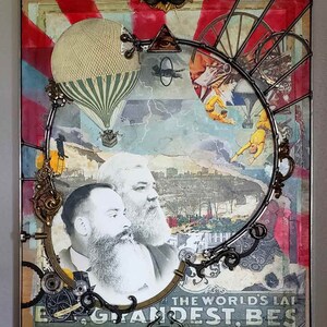 May include: A mixed media artwork featuring a vintage hot air balloon, a cityscape, and two men with beards. The artwork is framed with metal gears and other steampunk elements. The text "The World's Largest & Grandest Best" is visible at the bottom of the artwork.