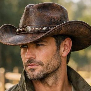 Könnte beinhalten: Ein Cowboyhut aus braunem Leder mit Used-Look, verziert mit einem dekorativen Band mit silberfarbenen Nieten und einem zentralen Emblem. Der Hut hat eine breite Krempe und ein klassisches Western-Design, geeignet für den Außenbereich.