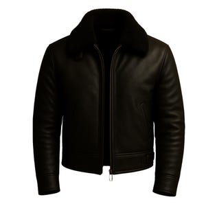 Könnte beinhalten: Schwarze Lederjacke mit schwarzem Shearling-Kragen. Die Jacke hat einen Reißverschluss und zwei Seitentaschen. Diese Jacken im klassischen Stil eignen sich für verschiedene Anlässe.