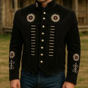 Men’s Handmade Traditional Cowboy Western Leather Jacket Coat with Fringe, Bone & Bead Detailing