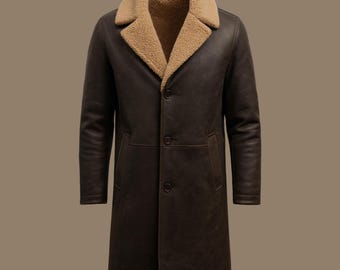 Men’s Leather Genuine Sheepskin Coat Brown Shearling Jacket Warm Leather Overcoat Handmade Winter Outerwear