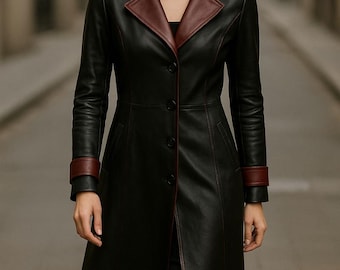 Women’s Black Leather Trench Coat – Handmade Long Overcoat, Dark Fantasy Style Coat