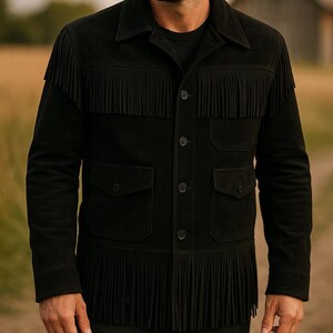 Men’s Handmade Western Cowhide Leather Jacket – Vintage Cowboy Coat, Durable Real Leather Outerwear