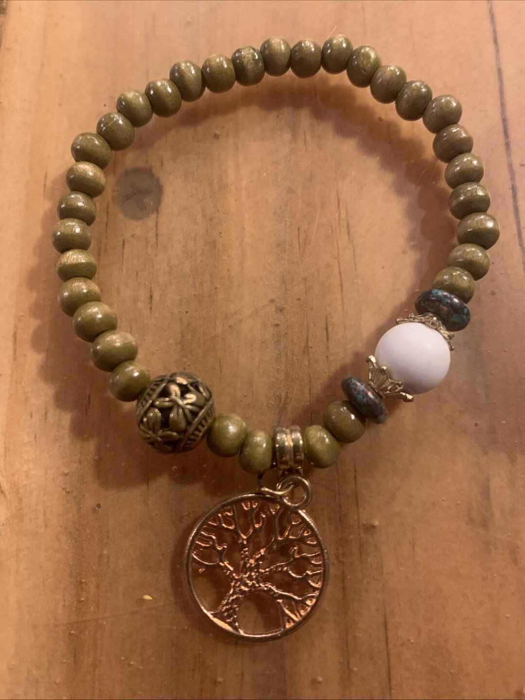 Beaded Tree of Life Charm Bracelet Gold Accents Boho Beach Core Elastic ...