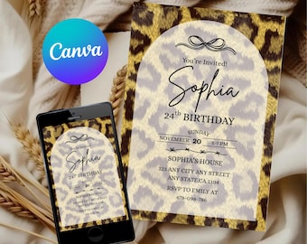 Cheetah Birthday Invitation, Black Bow, Coquette Party (PDF Download)