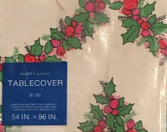 Vintage American Greeting Christmas Tablecover / Papel / 54x96" / Holly Berries / Green White Reds Pink / Retro